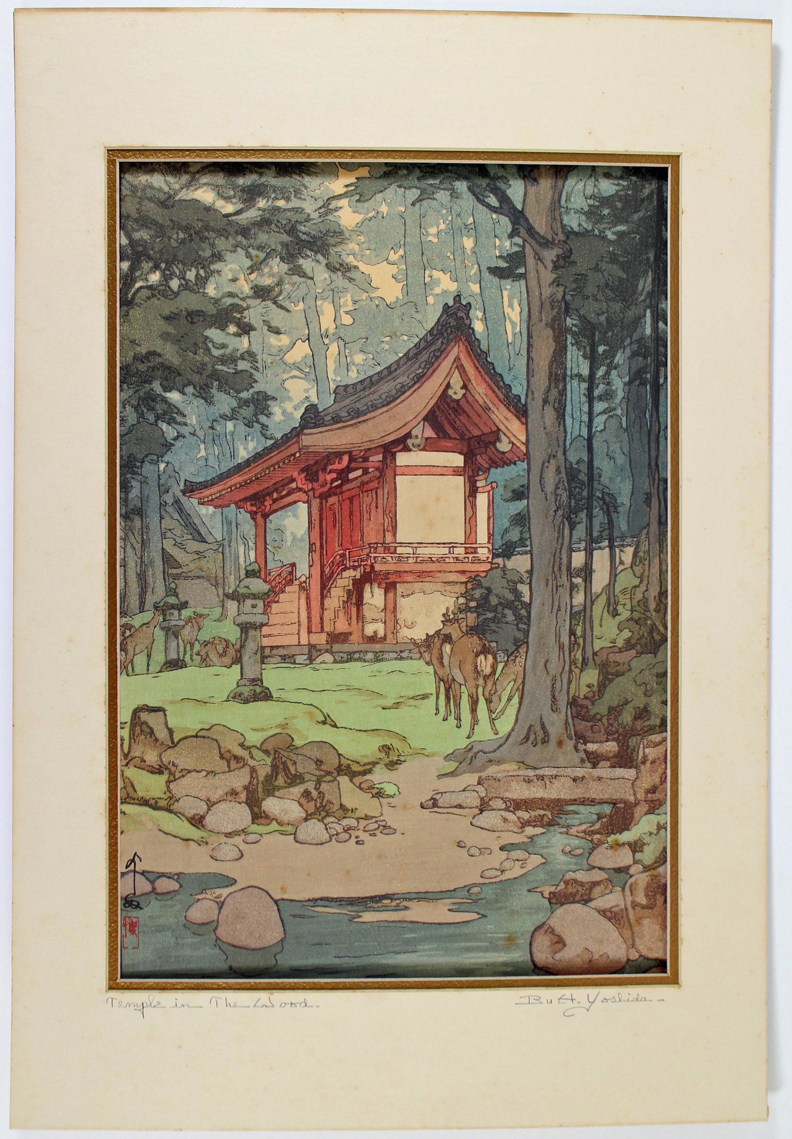 YOSHIDA HIROSHI "TEMPLE IN THE WOODS" WOODBLOCK: A Japanese woodblock print by Hiroshi Yoshida (1876-1950) titled, Temple in the Woods. It is pencil signed and titled. Some foxing to paper. It measures 16" x 10.75"