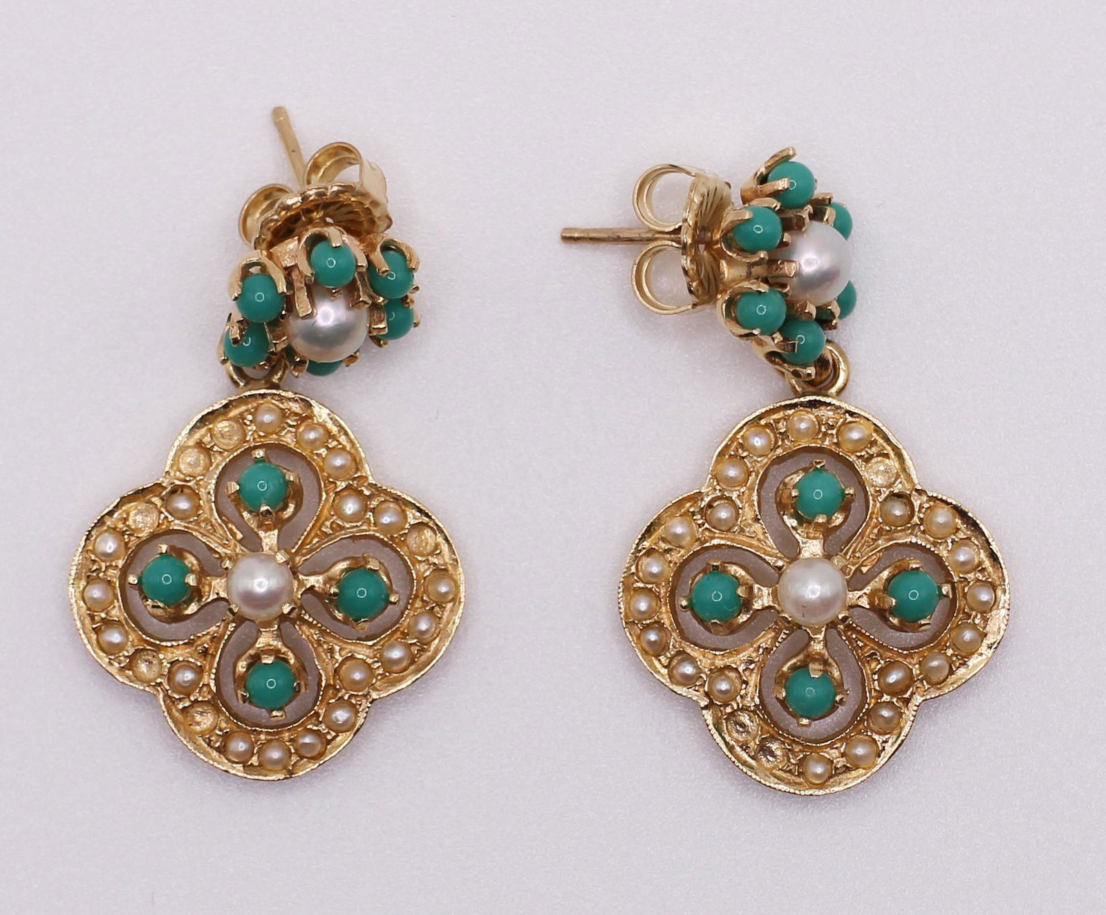 14K PEARL & TURQUOISE DANGLING EARRINGS (1 of 3)