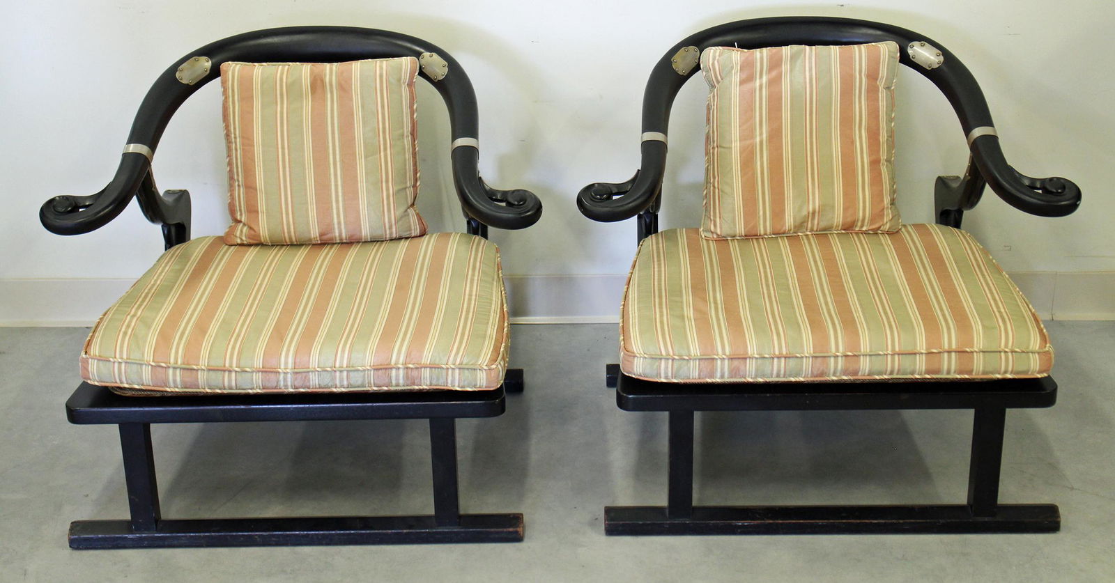 (2) BAKER FAR EAST COLLECTION CHAIRS: Pair of vintage Mid Century circa 1960's Baker "Far East Collection" chairs by Michael Taylor. 27" wide 26.5" tall to back. The Far East Collection was the first truly Asian furniture collection manuf