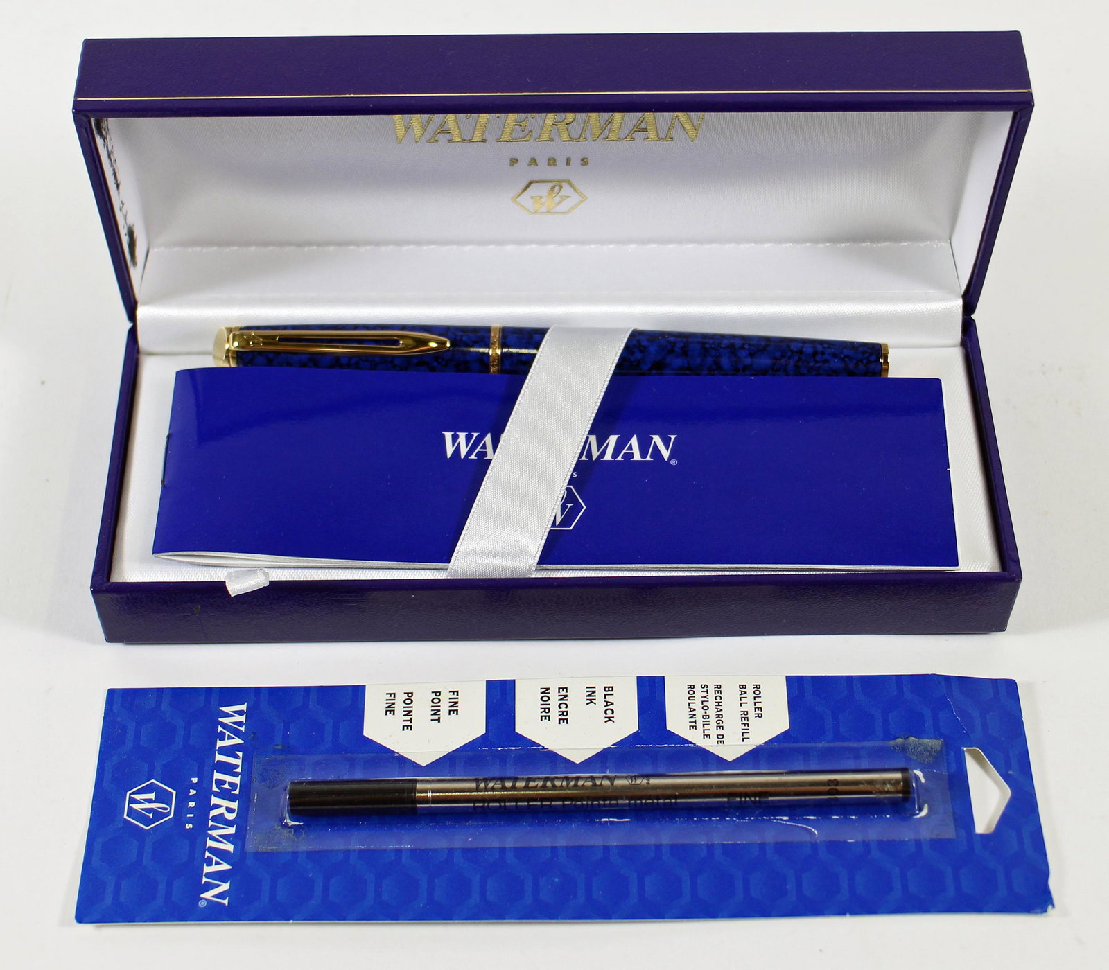 WATERMAN ROLLERBALL PEN & REFILL: A Waterman Paris blue marbleized pen with box and refill.