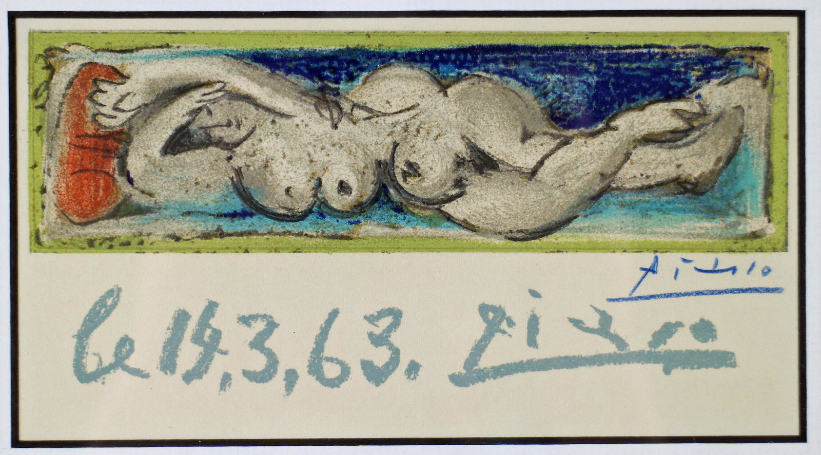 PABLO PICASSO RECLINING NUDE LITHOGRAPH: Pablo Picaso (1881-1973) 1963 Color lithograph of a reclining nude. Measures 6 3/8" x 3 1/2" (sight) and 15.5" x 11.5" w/ frame.