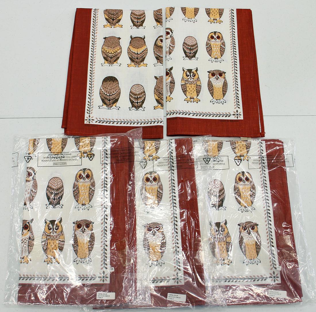 (8) VINTAGE ULSTER WEAVERS OWL LINENS: Set of (8) vintage Ulster Weavers Irish linens with owls waiting & arrived.