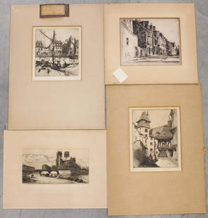 (4) ANTIQUE BLACK & WHITE ETCHINGS: Collection of etching includes Middle Alley Philadelphia by Earl Horter, (2) by John Mcgrath (one with small hole) other titled The Harbor St. Tropez, and Notre Dame Cathedral by Charles Meryon.