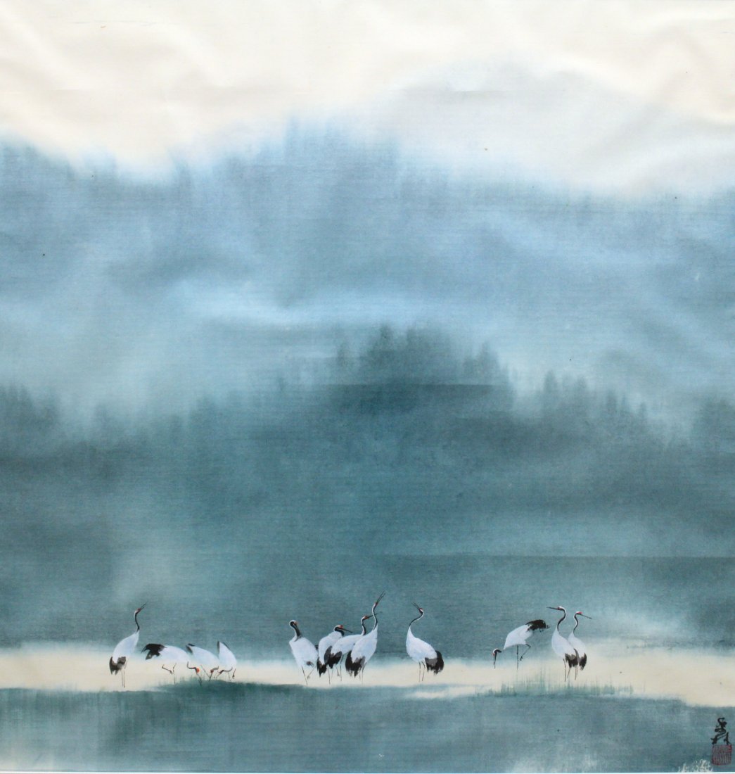 CHINESE CRANES PAINTING: Chinese watercolor / gouache painting on paper of a landscape with cranes. Signed lower right. Measures approximately 29.5" x 30" (sight) and 36.5" x 37.5" w/ frame.