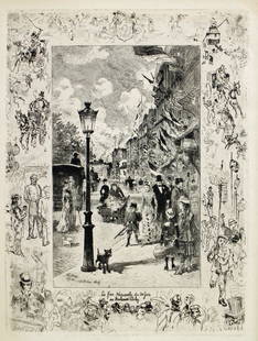 FELIX BUHOT HOLIDAY ON THE BLVD CLICHY ETCHING: Felix Hilaire Buhot (1847-1898) Black and white etching Le Fete Nationale au Boulevard de Clichy (National Holida on the Blouveard de Clichy). Plate measures approximately 12 3/8" x 9 3/8" and 21 1/2"