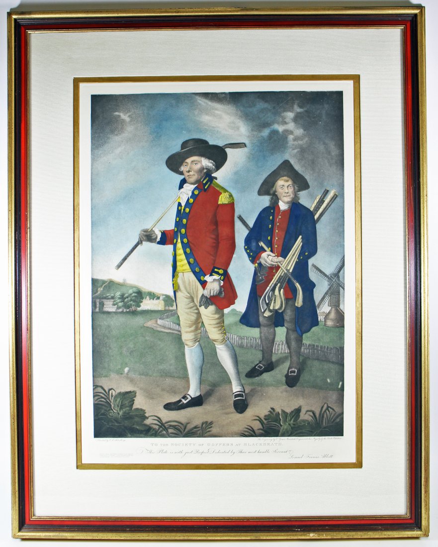 LF ABBOTT SOCIETY OF GOFFERS AT BLACKHEATH: Antique color engraving of golfers by Lemuel Francis Abbott "Society of Goffers at Blackheath". Measures 43" x 28.5" w/ frame.