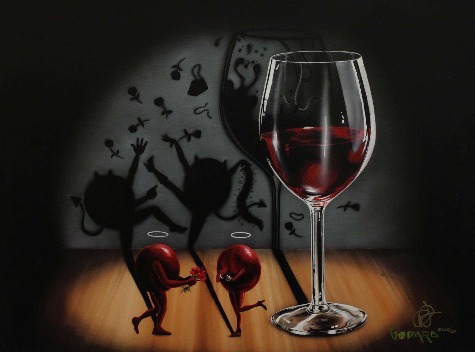 MICHAEL GODARD "TRUE LOVE IN THE SHADOWS" GICLEE: Michael Godard (b. 1958) True Love in the Shadows grape wine giclee on canvas. Signed lower right and numbered EA 62/150. Measures 25.25" x 18.75" and 37" x 30.5" w/ frame.
