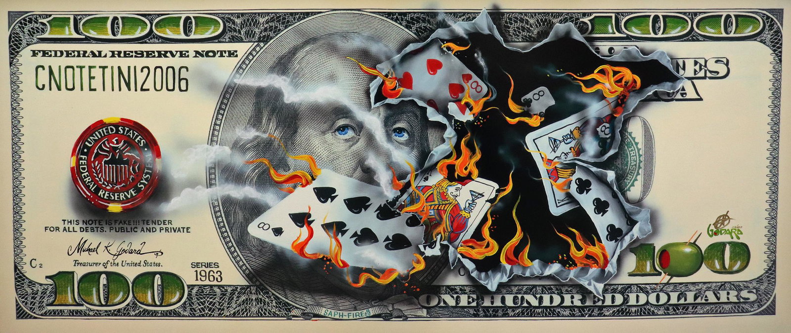 MICHAEL GODARD "$100 BILL FULL HOUSE" GICLEE: Michael Godard (b. 1958) Giclee on canvas of a flaming $100 bill with cards "$100 Bill Full House". Signed lower right and numbered 112/450. Measures 61" x 30.75" w/ frame.
