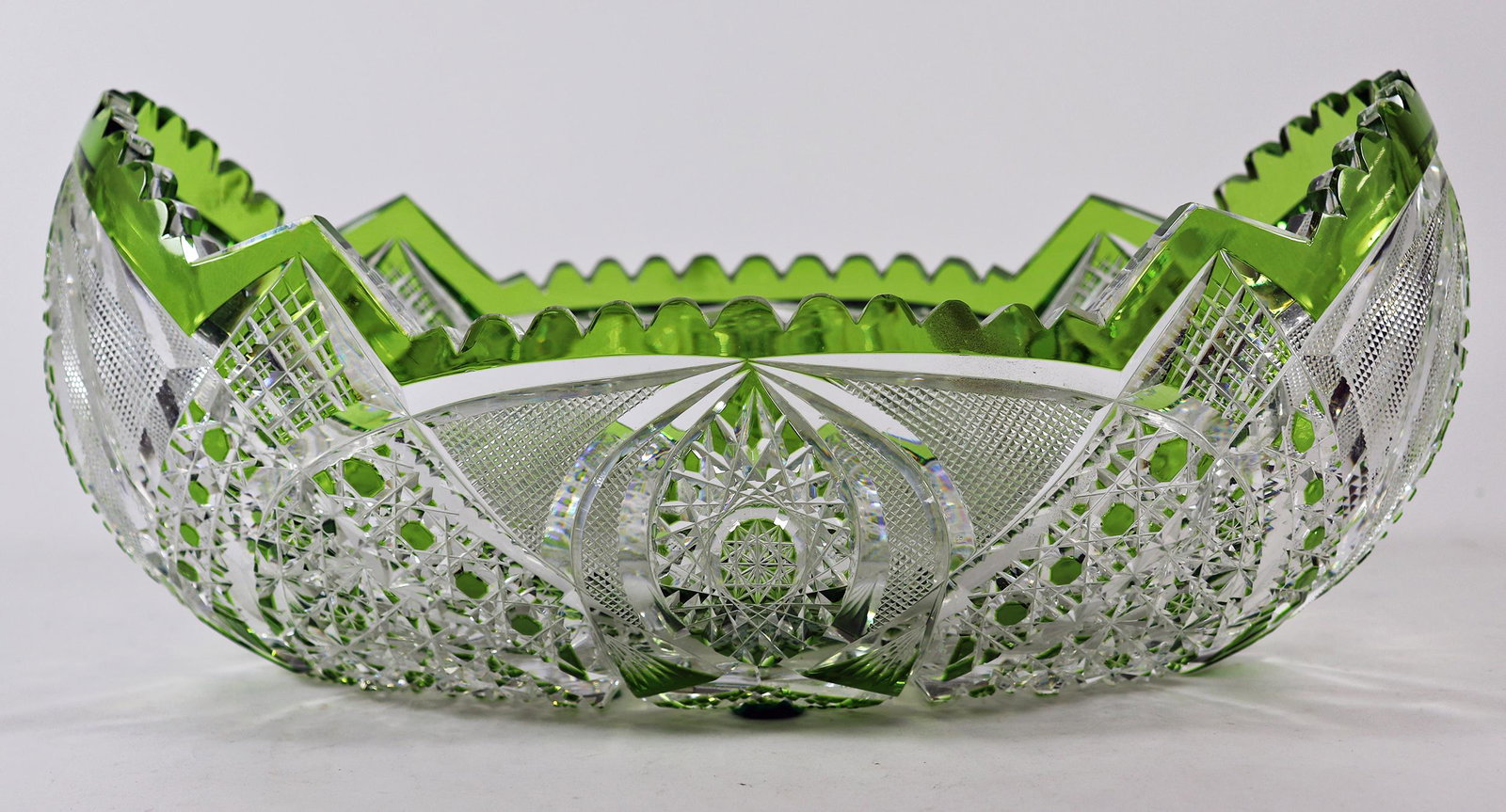 LARGE GREEN CUT TO CLEAR GLASS CENTERPIECE BOWL (1 of 3)