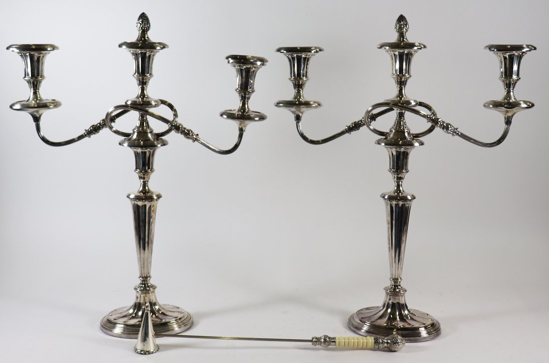 PAIR OF ENGLISH SILVERPLATE CANDELABRAS & SNUFFER (1 of 4)