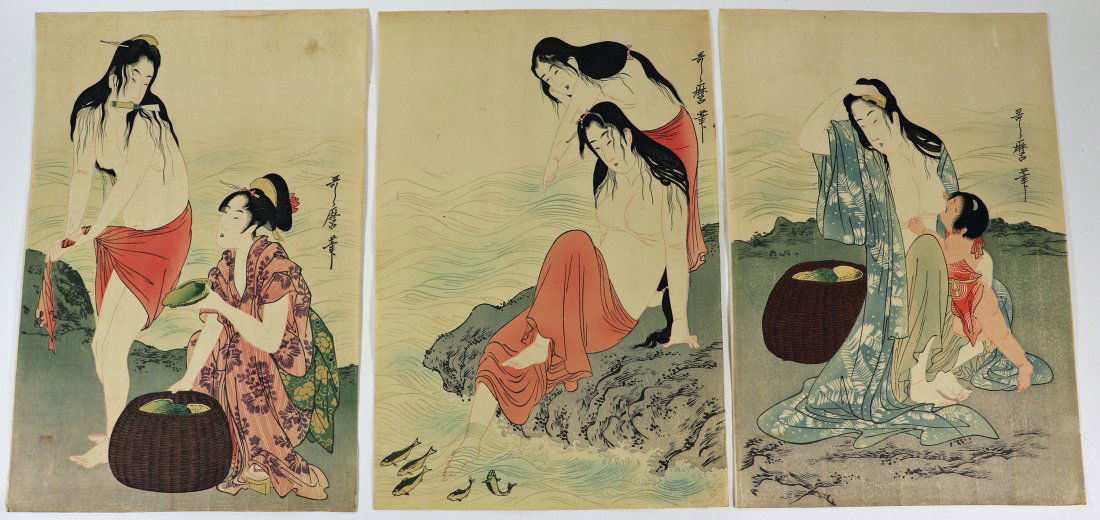 KITAGAWA UTAMARO ABALONE DIVERS JAPANESE WOOBLOCK: Kitagawa Utamaro triptych Japanese woodblock set "Abalone Divers". Each measures approximately 15 1/2" x 10 1/2", unframed.