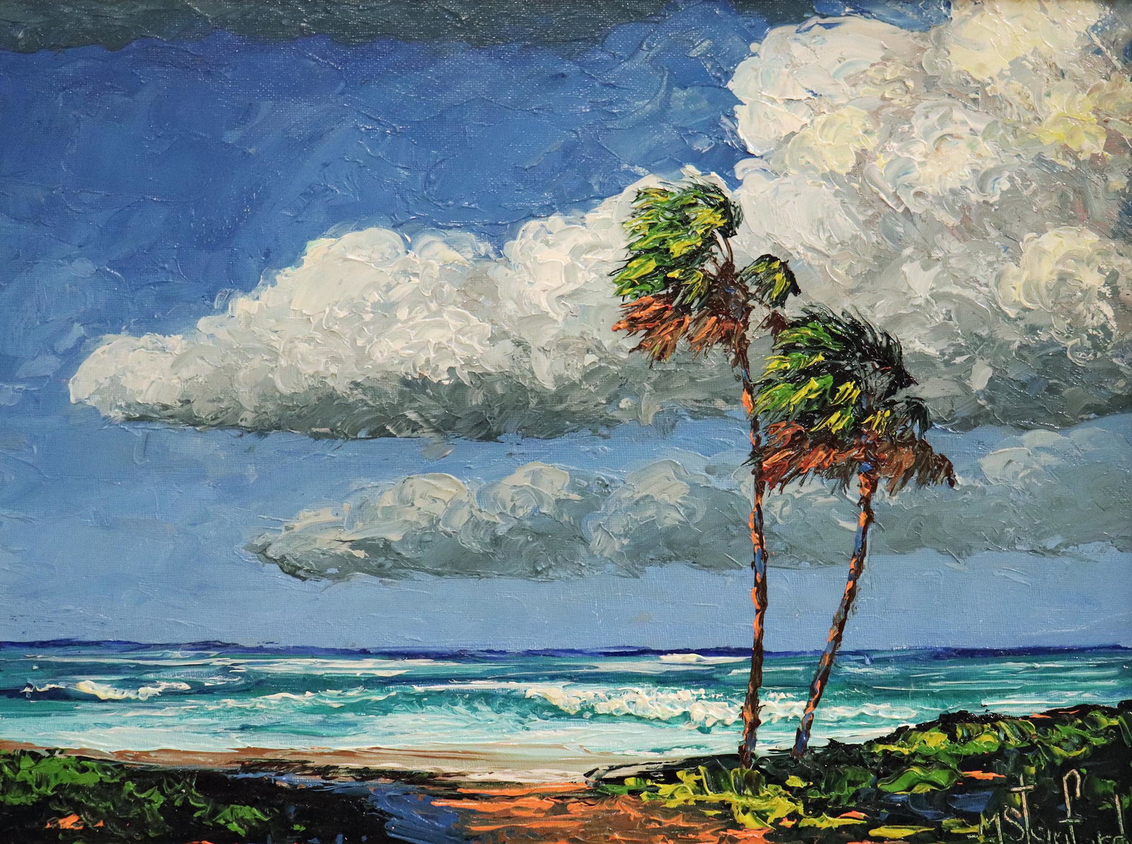 MARK STANFORD "BEACH BREEZE" PAINTING: Mark Stanford palette knife painting of a Florida beach scene titled "Beach Breeze". Signed lower right. Measures 16" x 12" on board & 19.75" x 15.75" w/ frame.