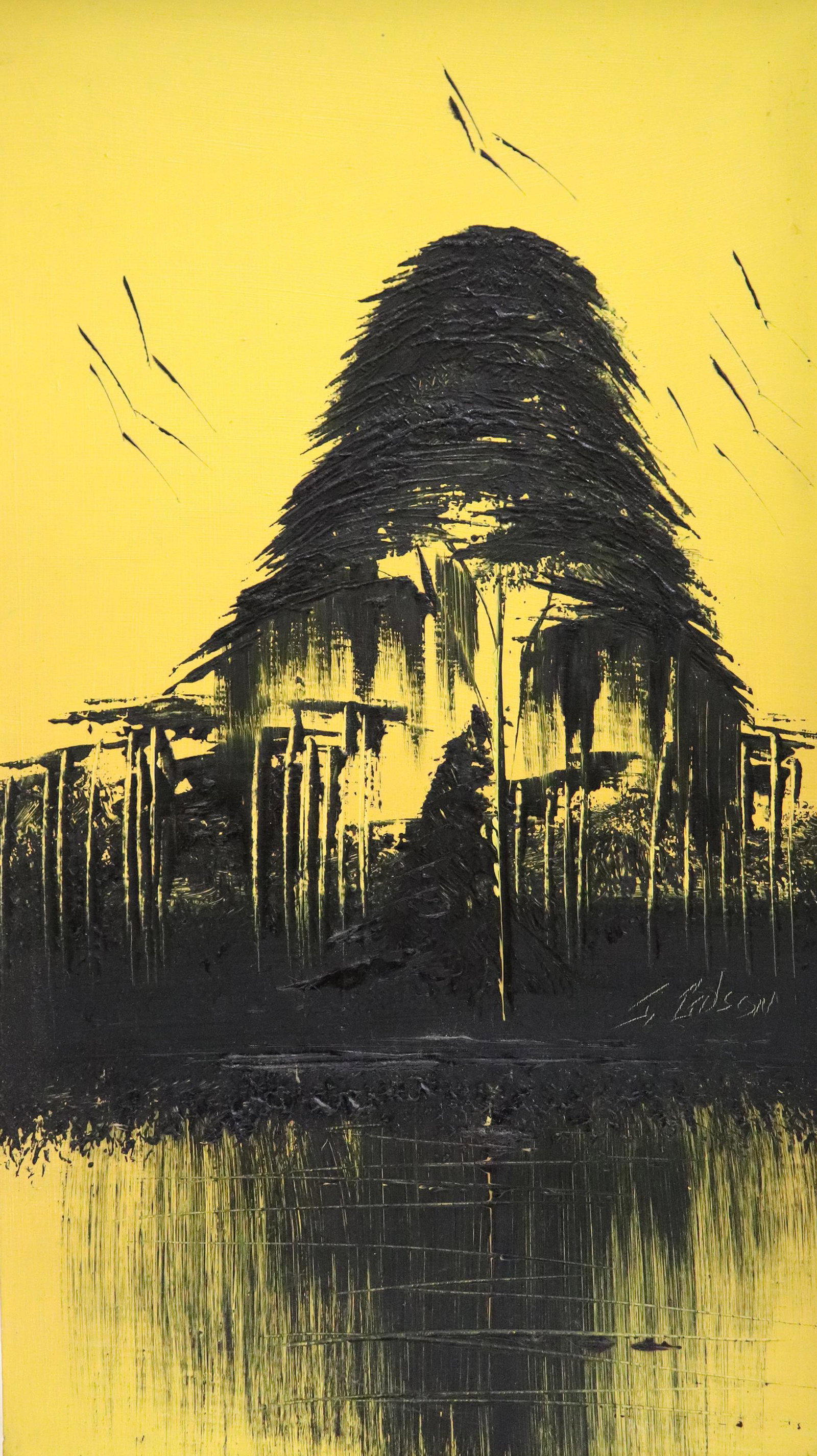 JAMES GIBSON YELLOW PINE TREE HIGHWAYMEN PAINTING: James Gibson (1938-2017) Vintage Highwaymen painting of a Florida black & yellow landscape scene with pine tree and flying birds. James Gibson would often paint with a minimal color palette which help