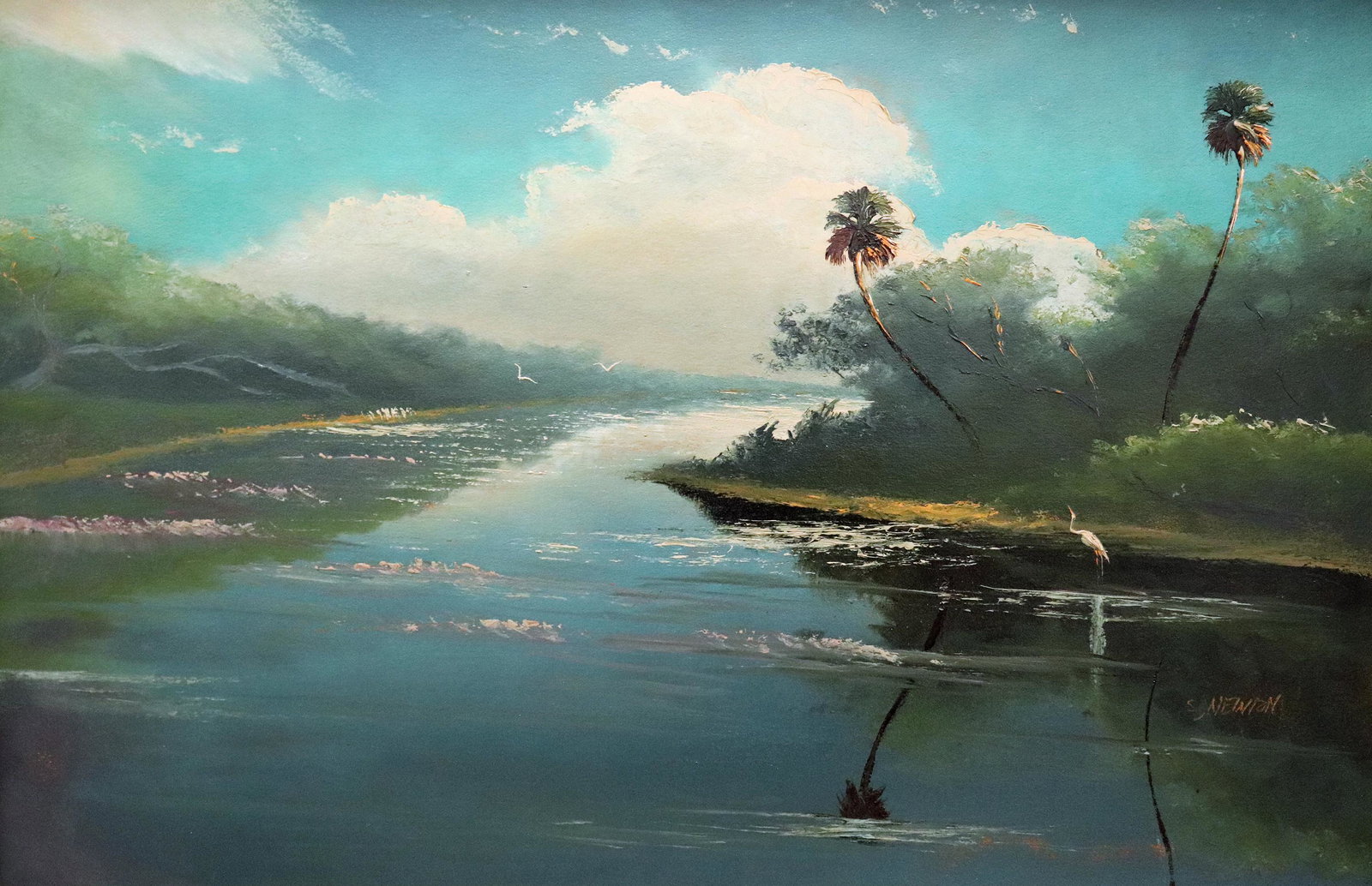 SAM NEWTON FLORIDA INLET HIGHWAYMEN PAINTING: Sam Newton (b. 1948) Vintage Highwaymen painting of a Florida river inlet scene with palm trees, vegetation, and birds. Signed lower right. Measures 36" x 24" on upson board and 40" x 28" w/ frame.