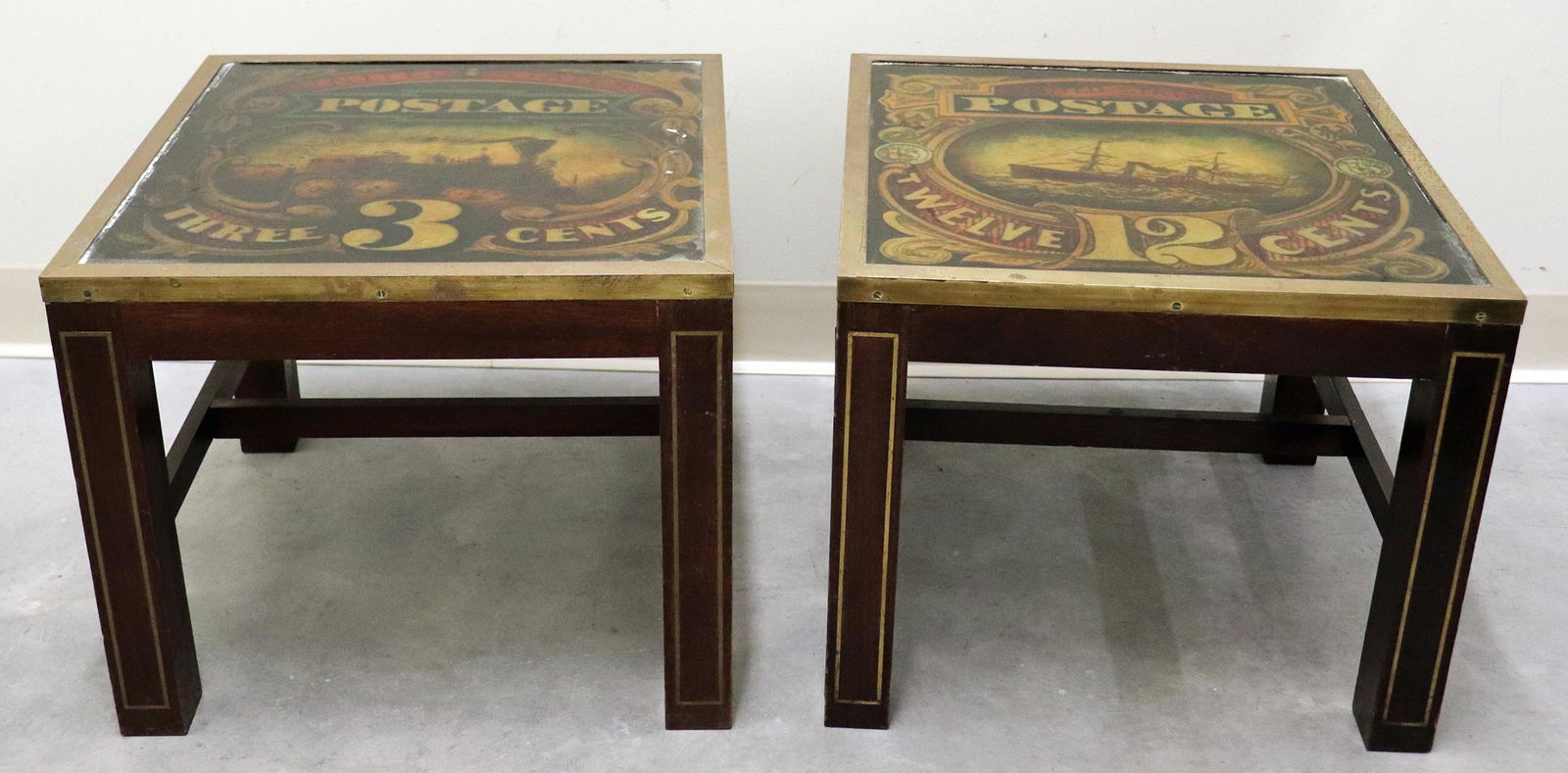 (2) VINTAGE POSTAGE STAMP SIDE TABLES (1 of 2)