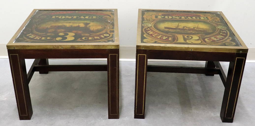 (2) Vintage Postage Stamp Side Tables