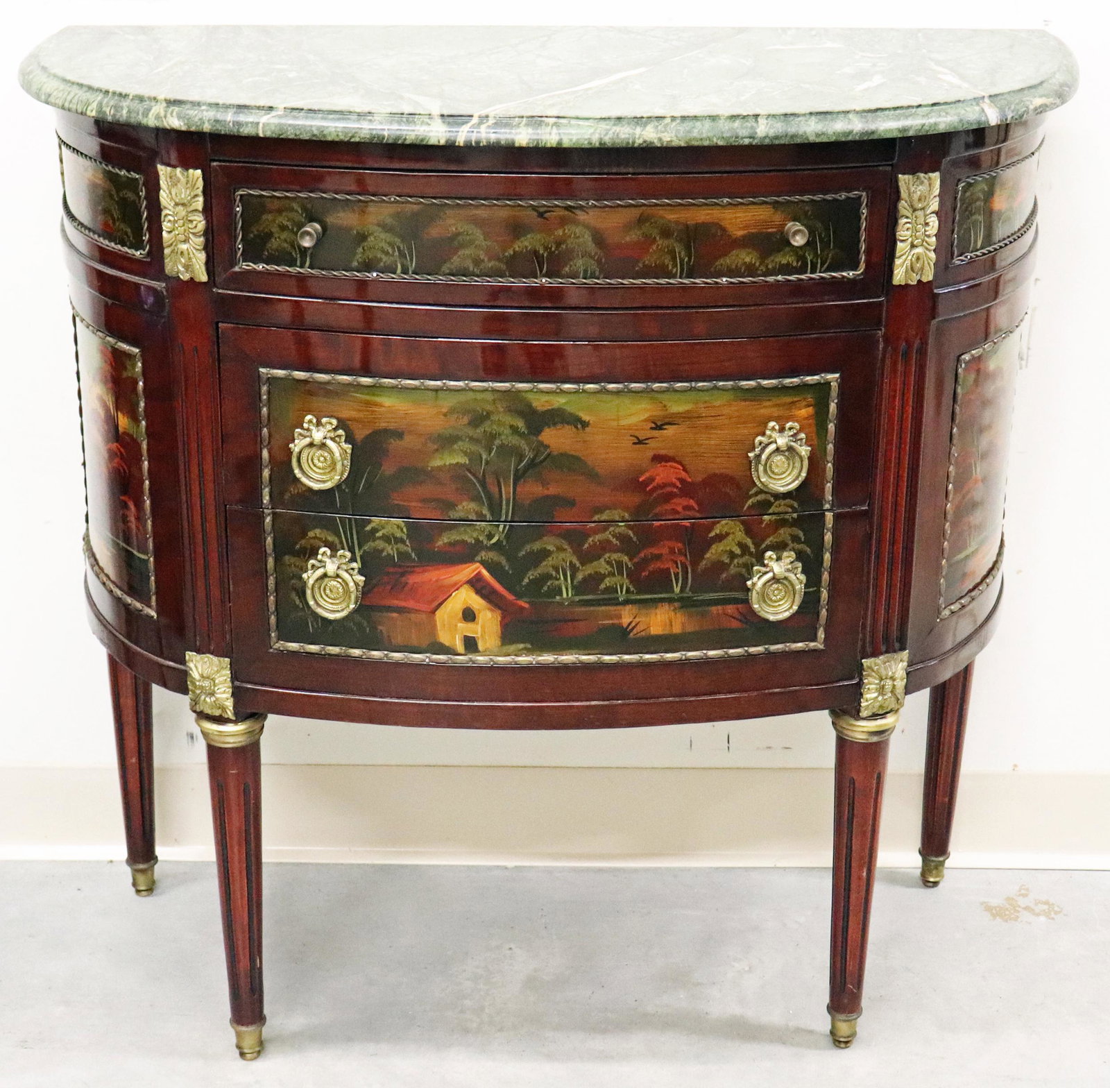 MARBLE TOP SCENIC PAINTED CHEST: Three drawer chest with hand painted scenes and marble top. Measures 33" x 14.75" wide 32.25" tall.