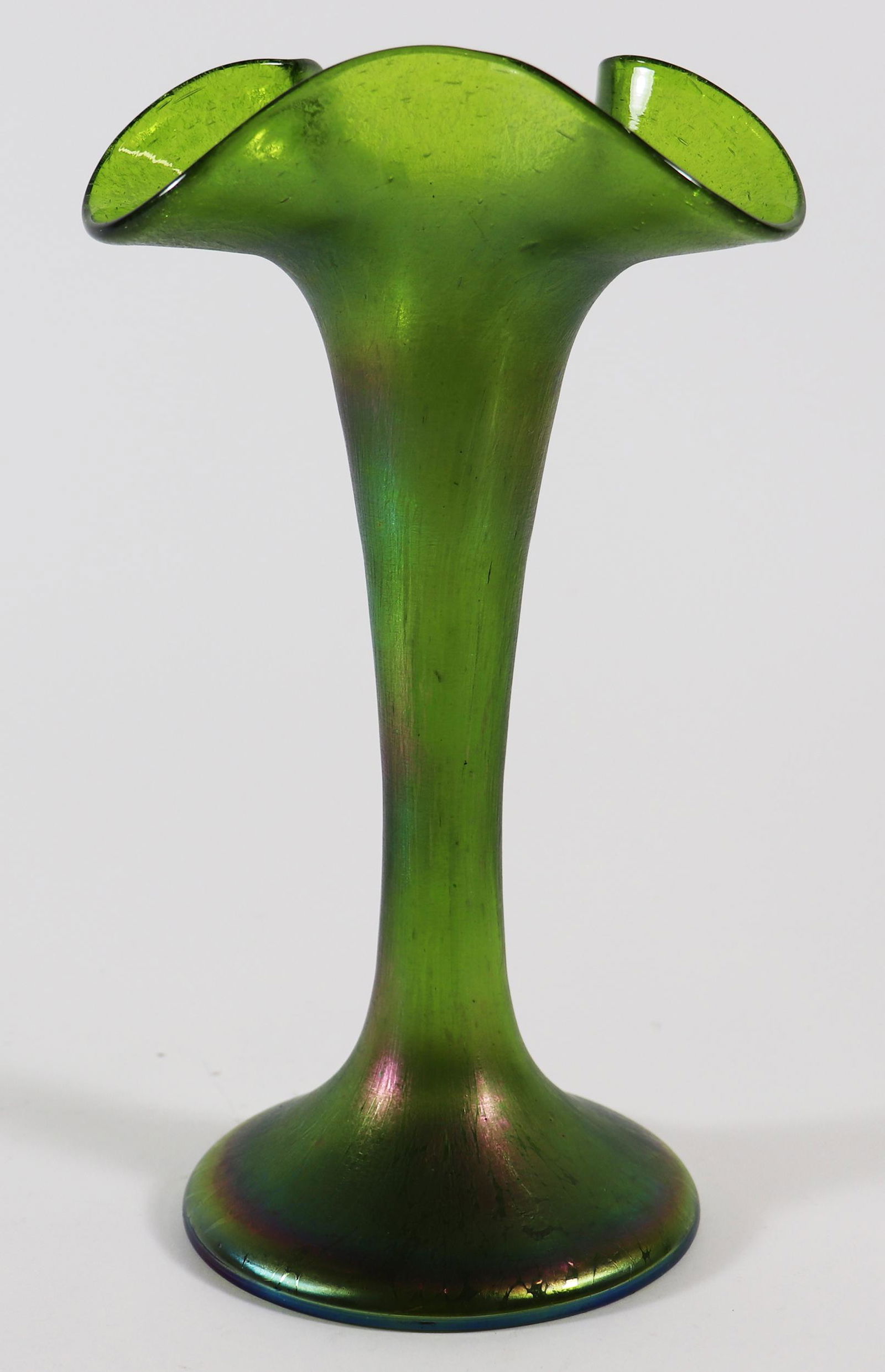 GREEN IRIDESCENT TRUMPET VASE (1 of 4)