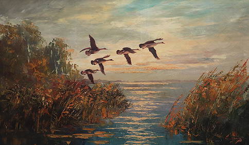 20TH CENTURY DUCKS IN FLIGHT PAINTING (1 of 5)