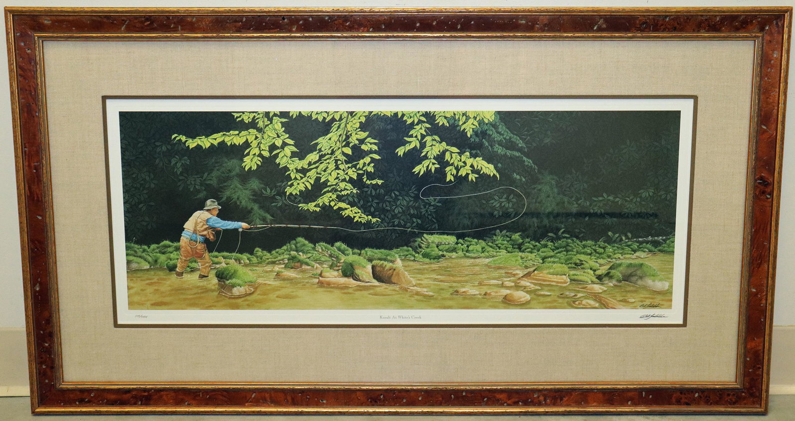 BOB TIMBERLAKE FISHING LITHOGRAPH: Bob Timberlake lithograph of a man fishing titled "Kuralt At White's Creek". Pencil signed and numbered 398/3484. Measures 40.5" x 22.25" w/ frame.