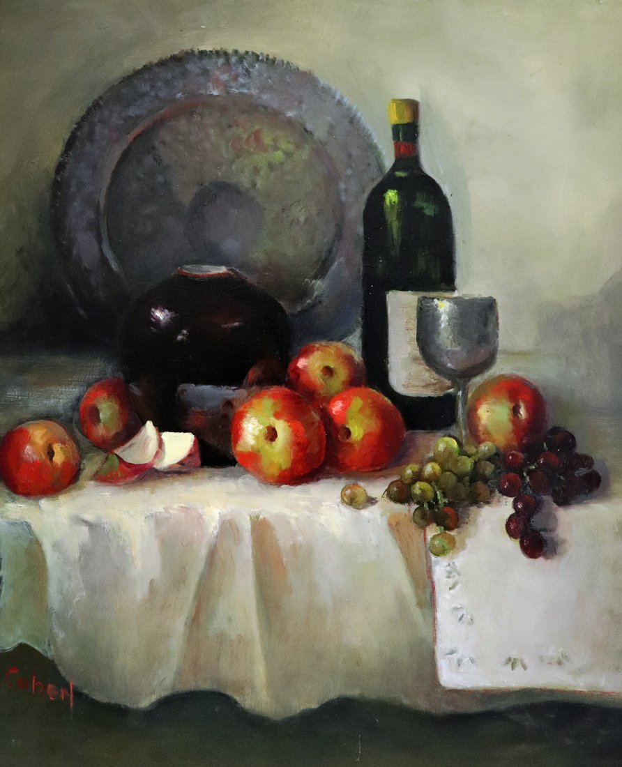 COHEN STILL LIFE PAINTING: Still life painting of a table with fruit, apples, grapes, wine, charger, and vase. Signed lower left Cohen. Measures approximately 24" x 20" on board & 30" x 26" w/ frame.