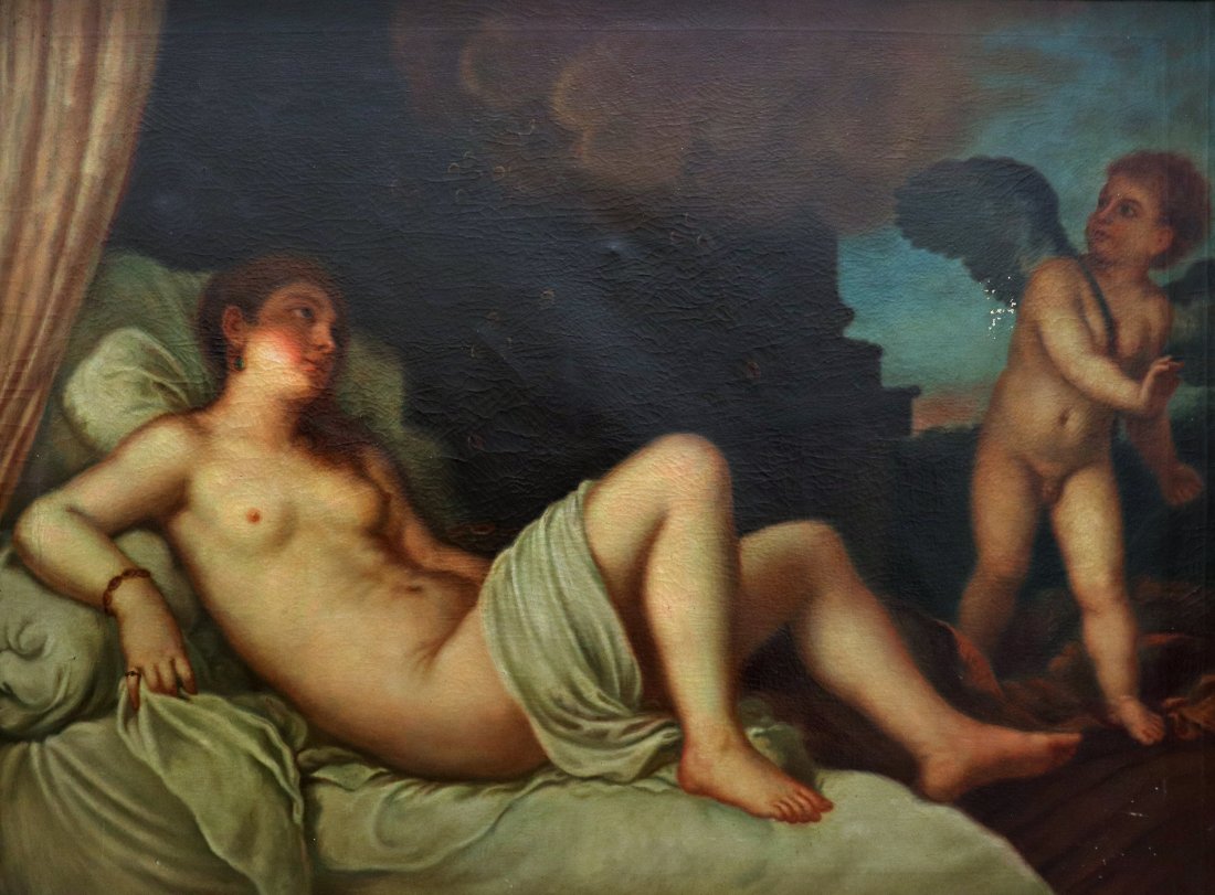 RENAISSANCE STYLE DANAE & CUPID PAINTING: Old Master Renaissance style painting after Titian's "Danae and the Shower of Gold" of a nude female Danae with Cupid. Signed on verso Danae e Cupido ui Giziano Prof. Federico Antonio Ciappa. Some pai