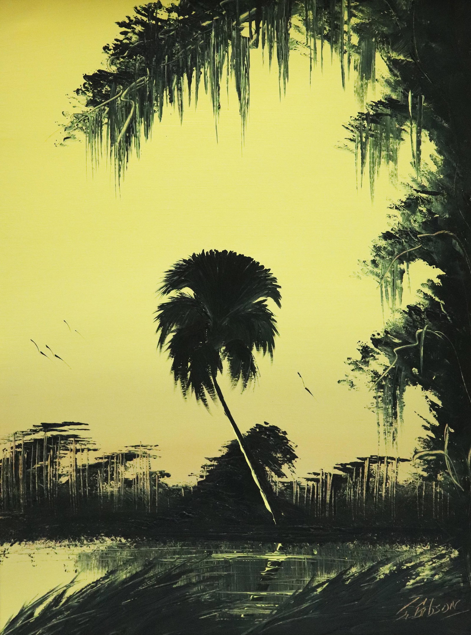 JAMES GIBSON YELLOW SUNSET HIGHWAYMEN PAINTING: James Gibson (1938-2017) Vintage Highwaymen painting of a Florida yellow sunset landscape with bent palm tree and hanging Spanish moss. Signed lower right. Measures 24" x 18" on upson board & 26.25" x