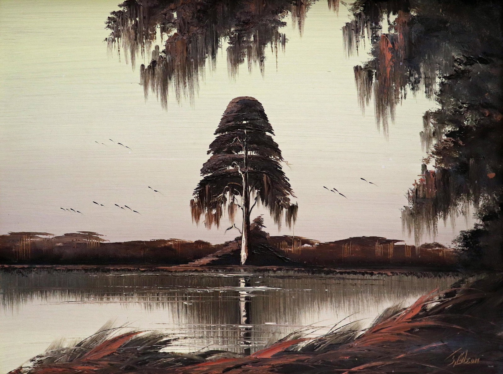 JAMES GIBSON FLORIDA PINE HIGHWAYMEN PAINTING: James Gibson (1938-2017) Vintage Highwaymen painting of a Florida landscape with tall pine tree, hanging Spanish moss, and flying birds. Signed lower right also on verso, circa 1960's. Measures 29" x 