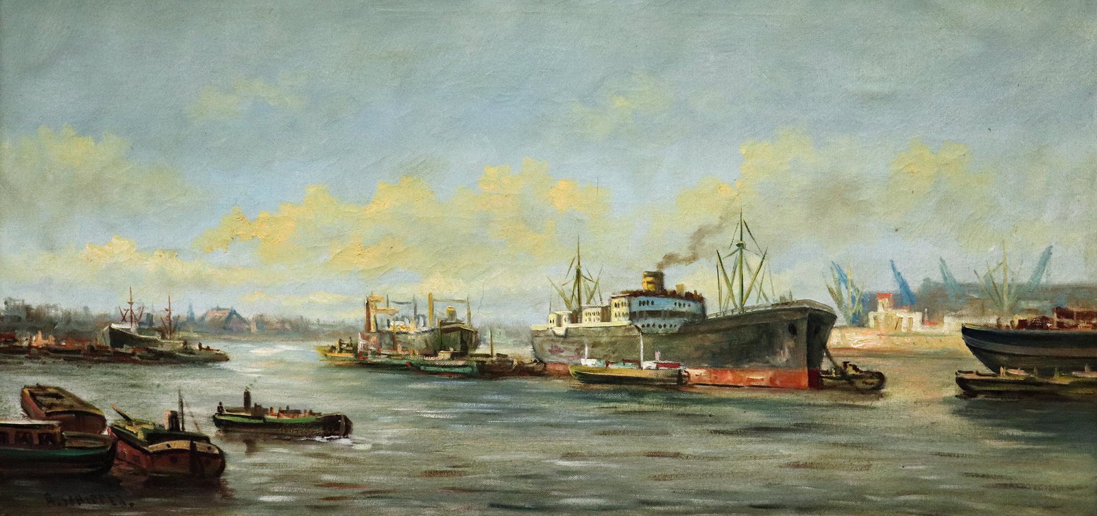 19TH CENTURY BOATS IN HARBOR PAINTING - SCHIPPERS (1 of 5)