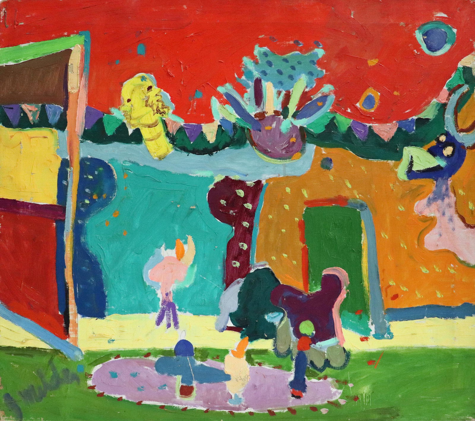 JAY MILDER "INSIDE THE ARTS" PAINTING: Jay Milder (b. 1934) Oil on canvas painting titled "Inside the Arts V". Signed lower left and also on verso with title. Measures approximately 26.5" x 23.25", unframed.