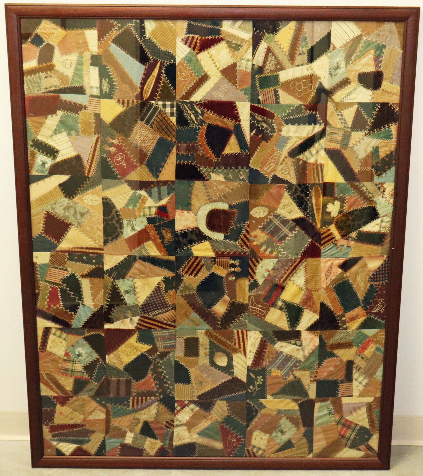 LARGE FRAMED PATCHWORK CRAZY QUILT (1 of 7)