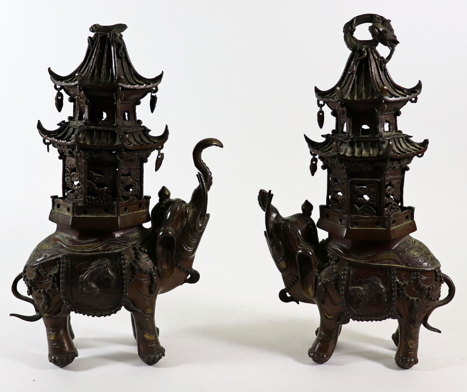 (2) JAPANESE BRONZE ELEPHANT PAGODA CENSERS (1 of 7)