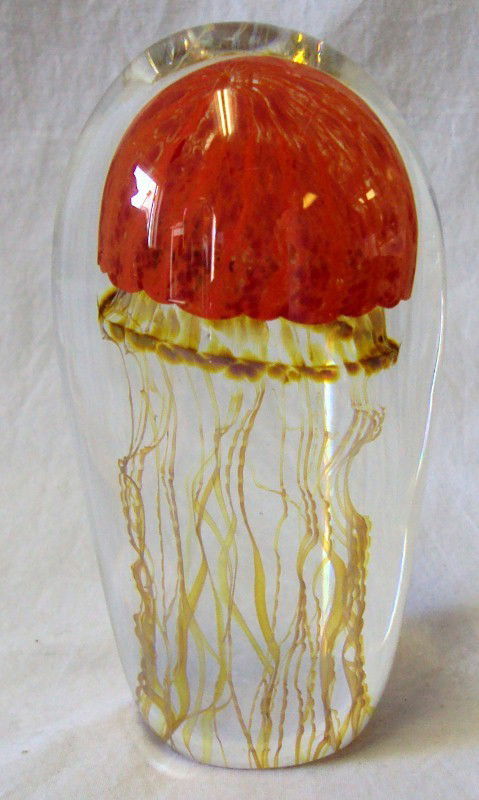 Rick Satava Art Glass Jellyfish: 4-1/2" Tall Orange Jellyfish paperweight signed Satava 843-03