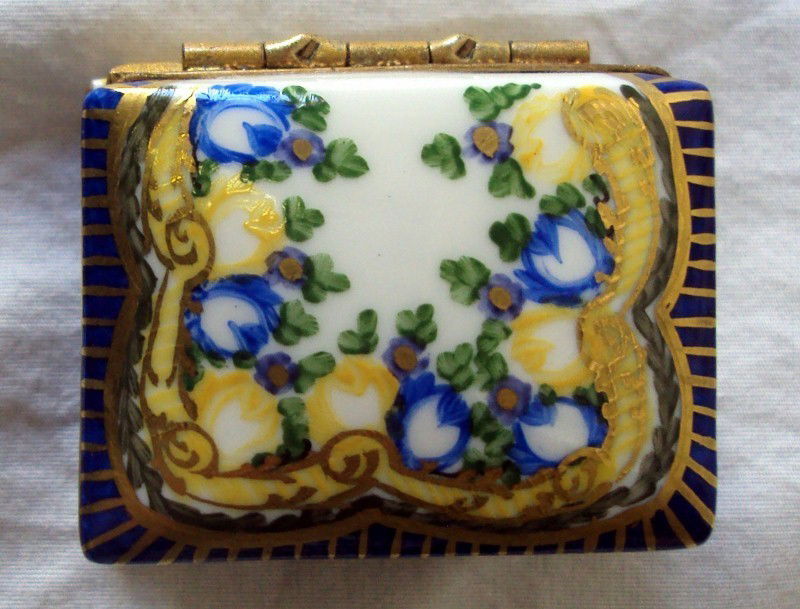 Limoges Portrait Box with Blue Yellow Flowers: Limoges France Signed CF