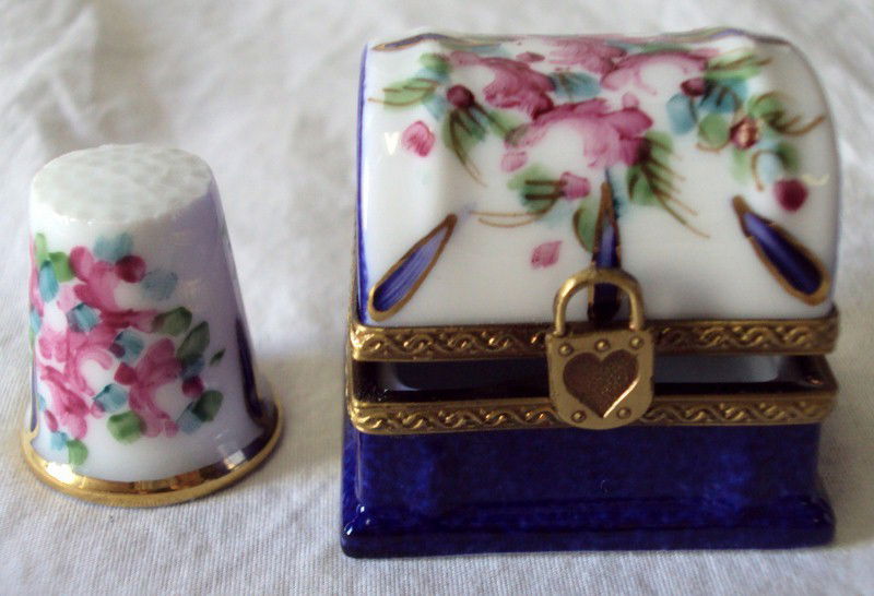 Limoges Trunk with Lock: Thimble inside hallmarked Limoges. Box signed Peint Main Limoges France with Signature