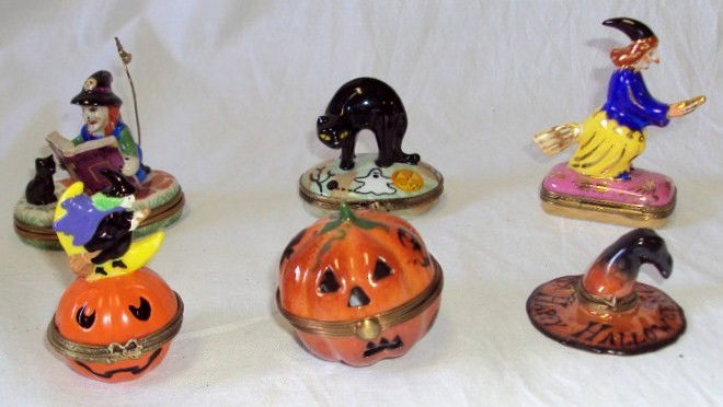 6 Halloween Limoges Boxes: Witches Hat, Pumpkin, Pumpkin with Witch, Witch, Scarecrow & Black Cat