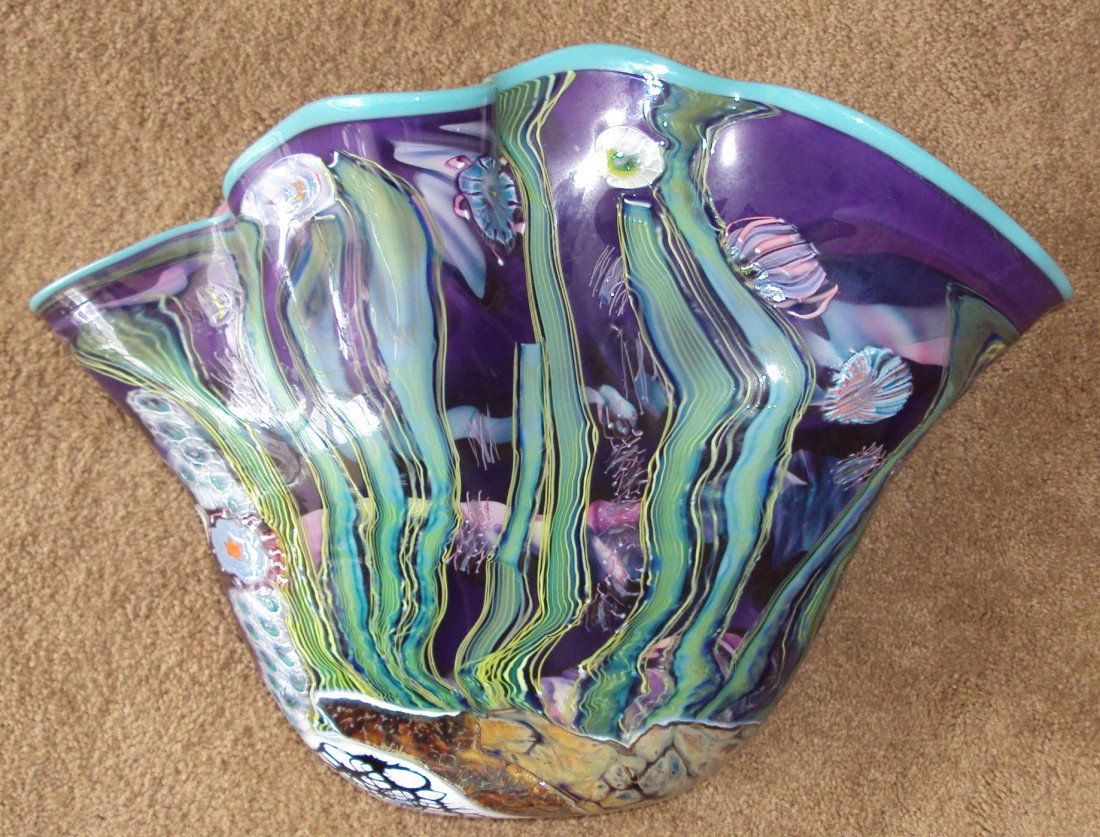 Art Glass Vase Mark Eckstrand Limited Edition 1996: 1996 Art Glass Bowl by renown glass maker Mark Eckstrand. This vase measures 22" wide and stands 14" tall. This is a limited edition of 1 of 30 produced in 1996. Original retail $2,000
