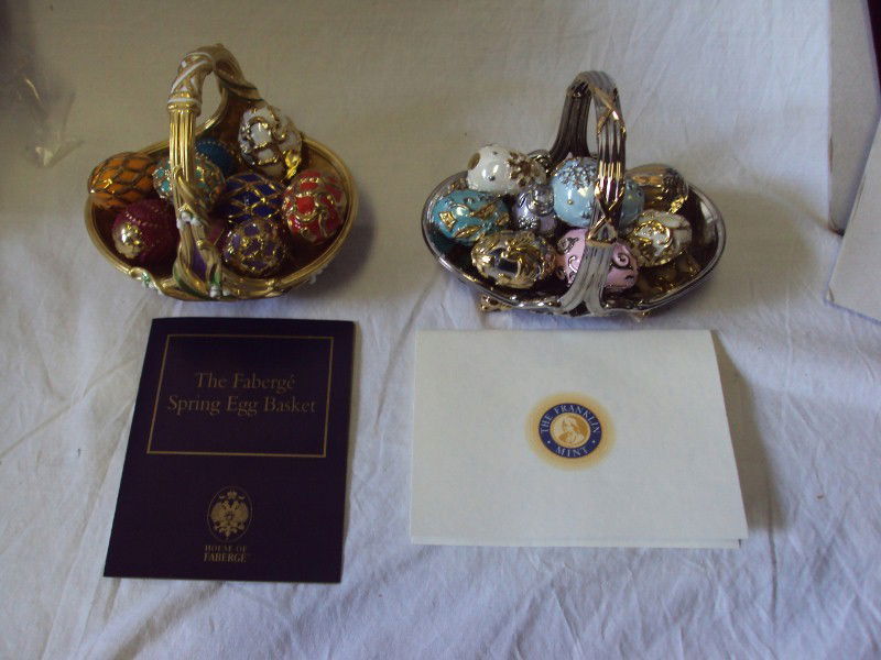 (2) Faberge Egg Baskets - Spring & Winter: A set of 2 Franklin Mint House of Faberge Baskets each with 9 eggs. One is the Spring Egg and the second is the Winter Egg. Each basket measures 5" x 4-1/2". Each egg measures 1-1/2".