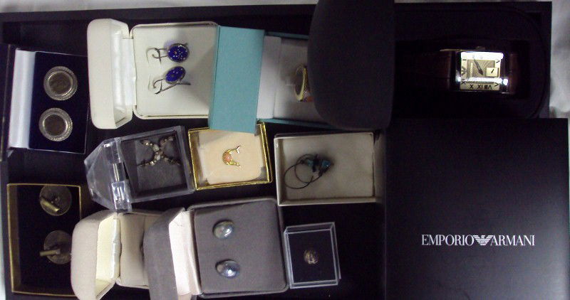 Jewelry Lot: Emporio Armani Watch in Box, Earrings, Cufflinks, Bernardaud Ring.