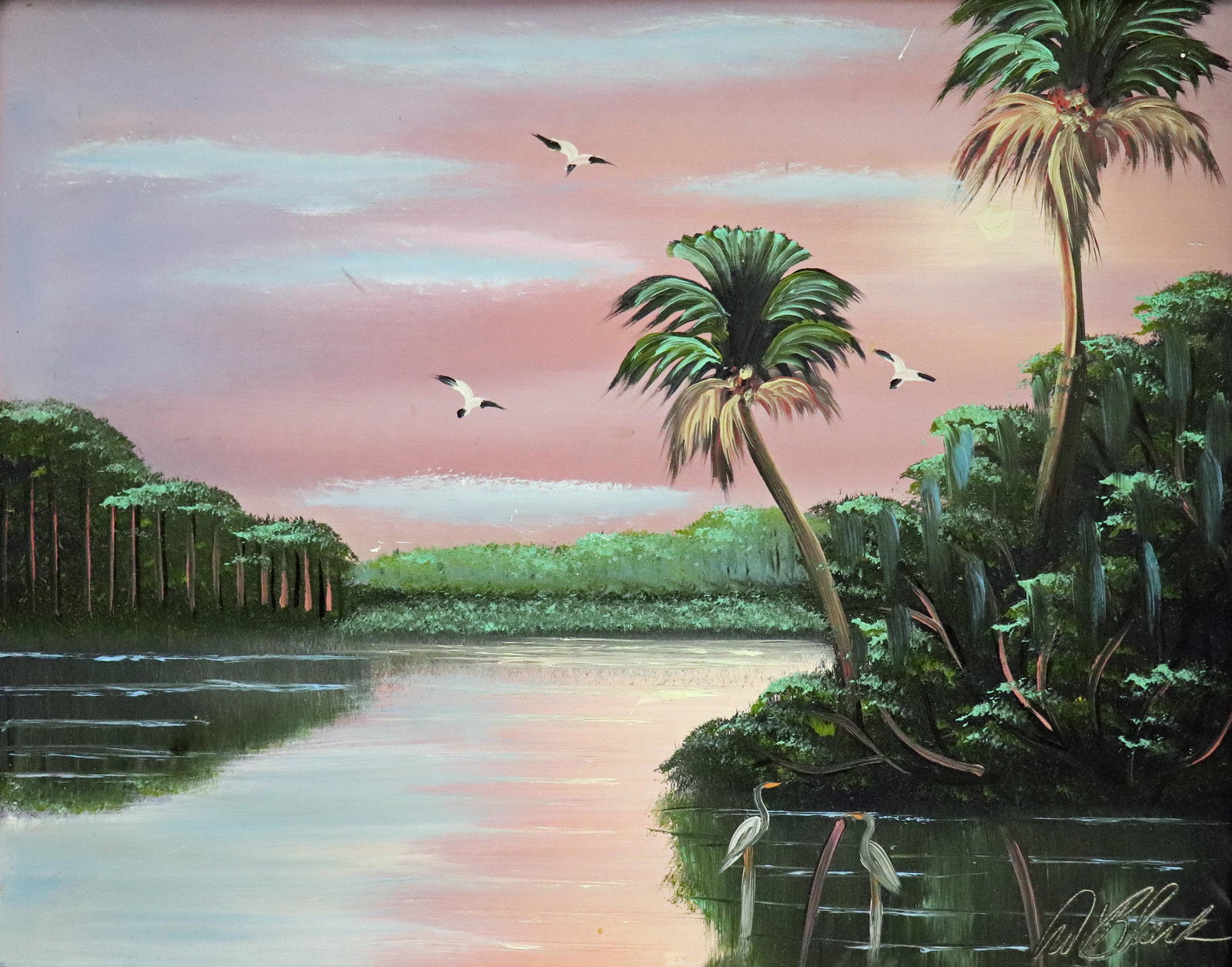 AL BLACK PINK RIVER SUNSET HIGHWAYMEN PAINTING: Al Black (b. 1945) Highwaymen painting of a inland river sunset scene with pink sky, palm trees, and birds. Signed lower right and also on verso. Measures 20" x 16" on masonite board & 25.5" x 21.5" w