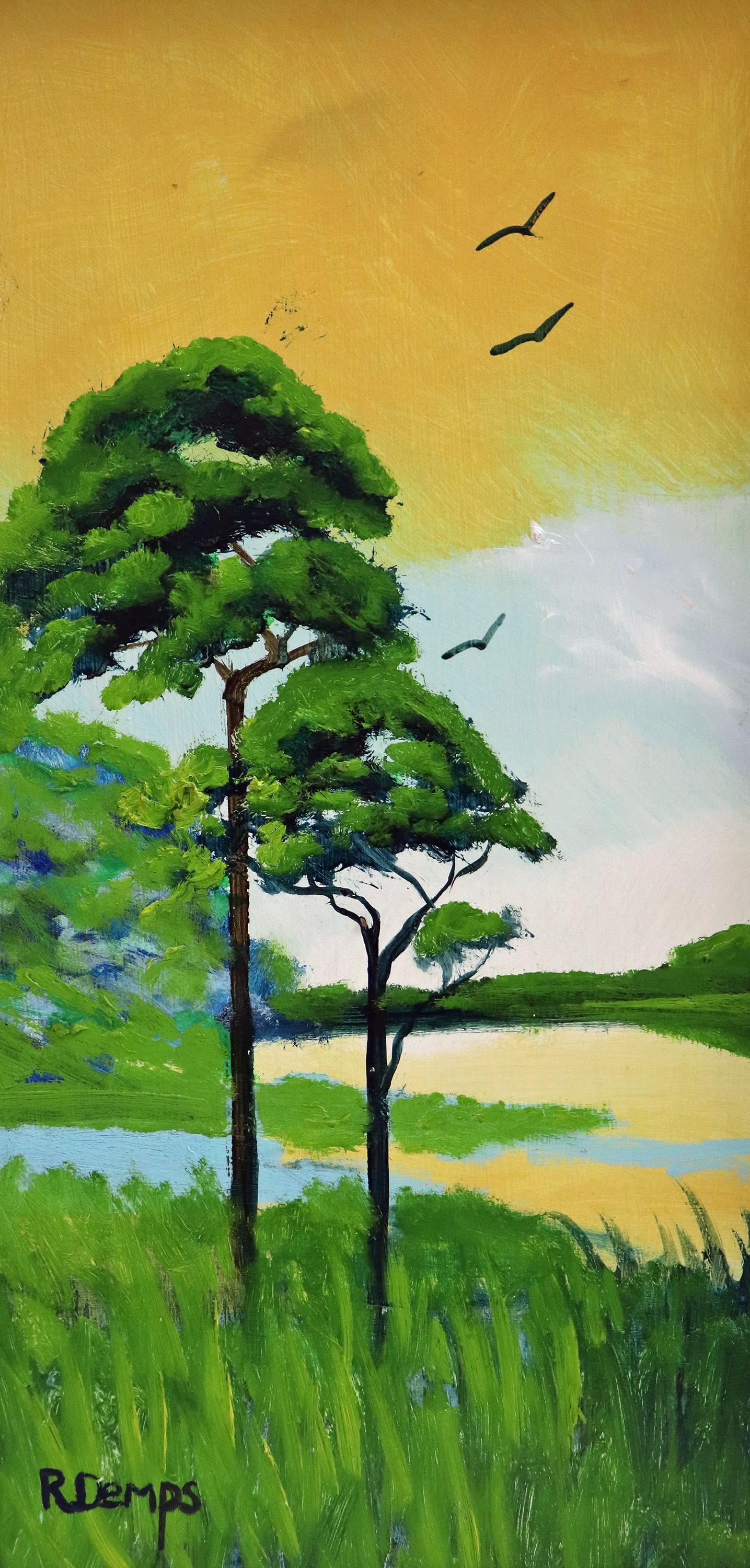 RODNEY DEMPS YELLOW PINES HIGHWAYMEN PAINTING: Rodney Demps (1953-2020) Highwaymen painting of a yellow sunset Florida landscape with tall pine trees, birds, and grass. Signed lower left. Measures 24" x 12" on masonite board & 26.5" x 14.5" w/ fra