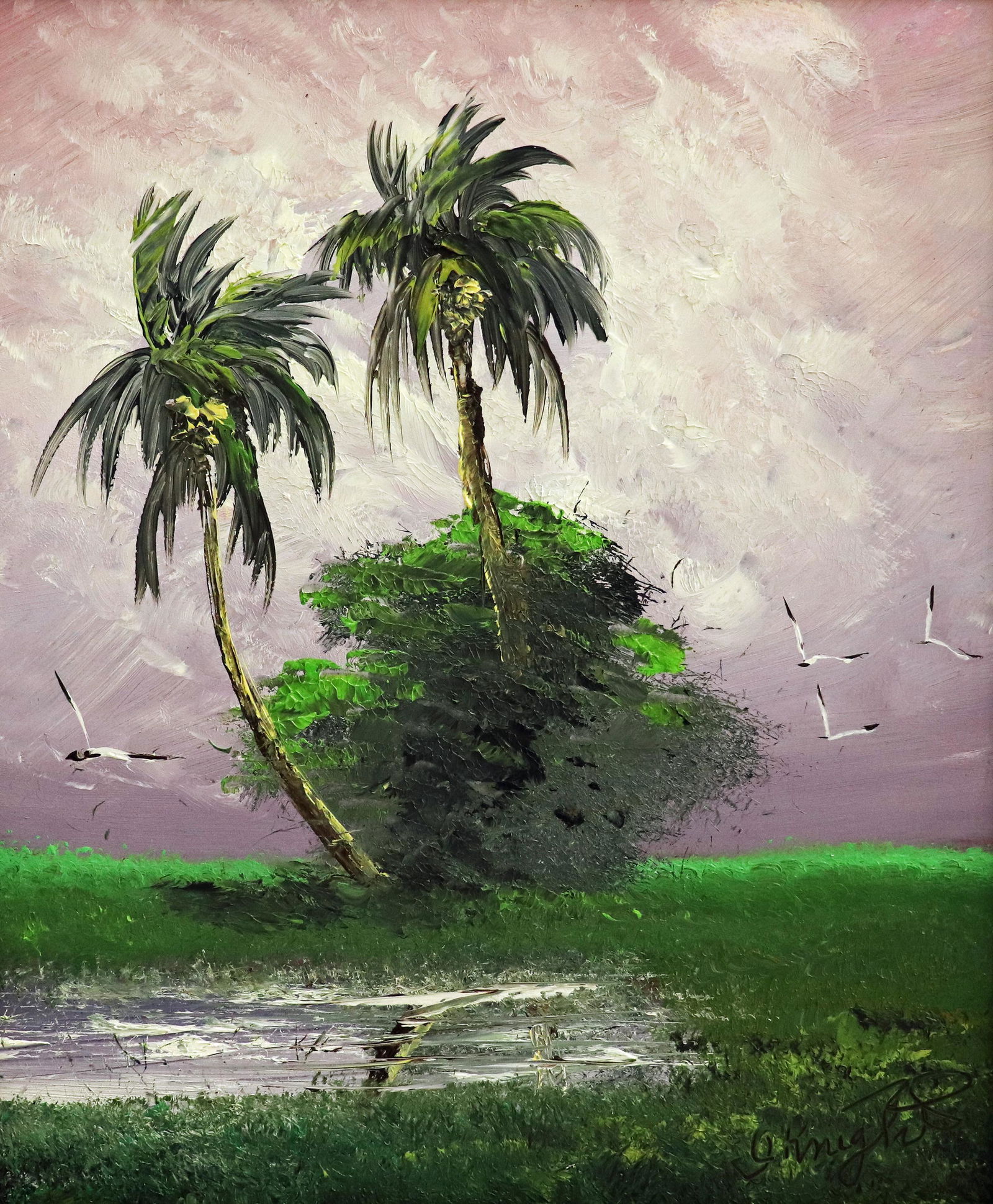 ISAAC KNIGHT NIGHT PALM TREES HIGHWAYMEN PAINTING (1 of 4)