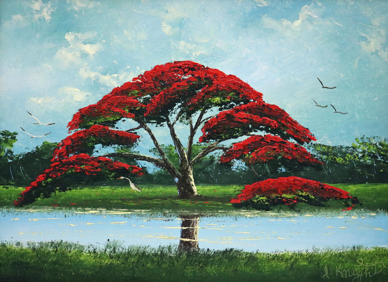 ISAAC KNIGHT POINCIANA TREE HIGHWAYMEN PAINTING: Isaac Knight (1941-2022) Highwaymen painting of a Florida landscape with red poinciana tree, birds, water, and vegetation. Signed lower right. Measures 16" x 12" on board & 19" x 15" w/ frame.