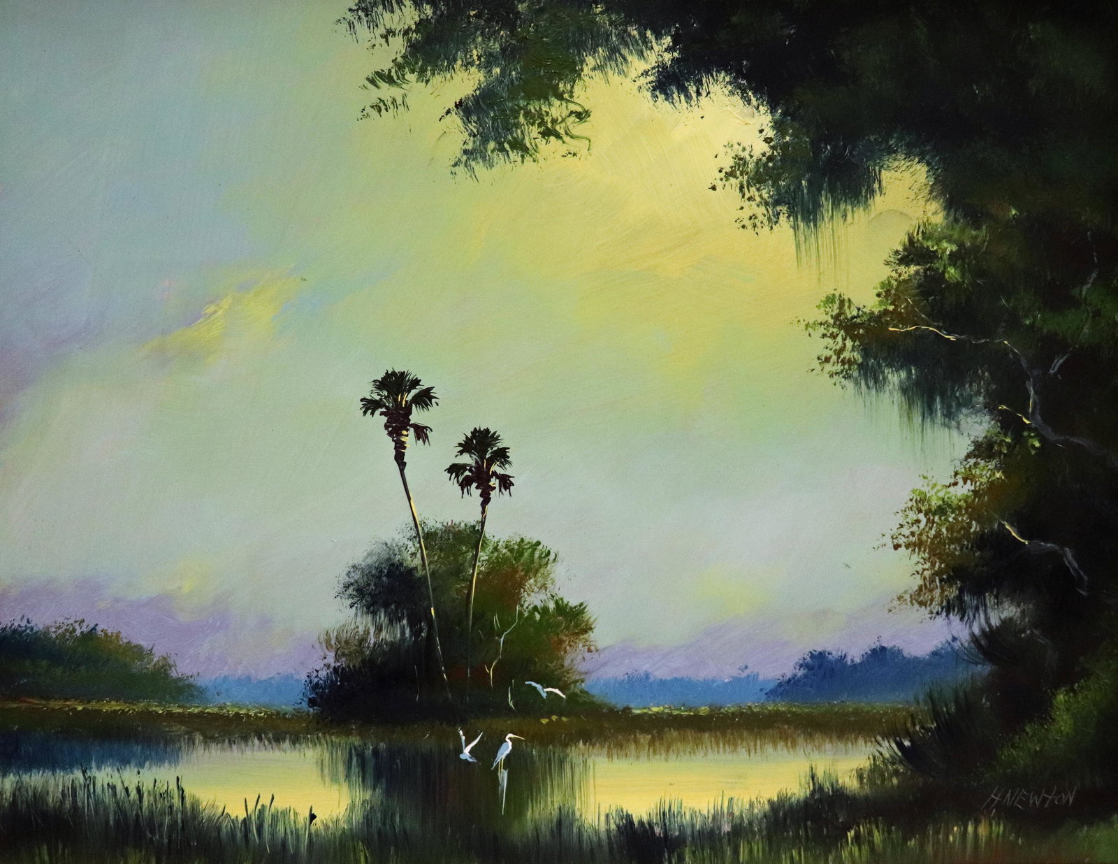 HAROLD NEWTON FLORIDA SUNRISE HIGHWAYMEN PAINTING: Harold Newton (1934-1994) Highwaymen painting of a yellow sunrise Florida landscape with tall palm trees, birds, and vegetation. Signed lower right. Measures 20" x 16" on masonite board & 23.5" x 19.5