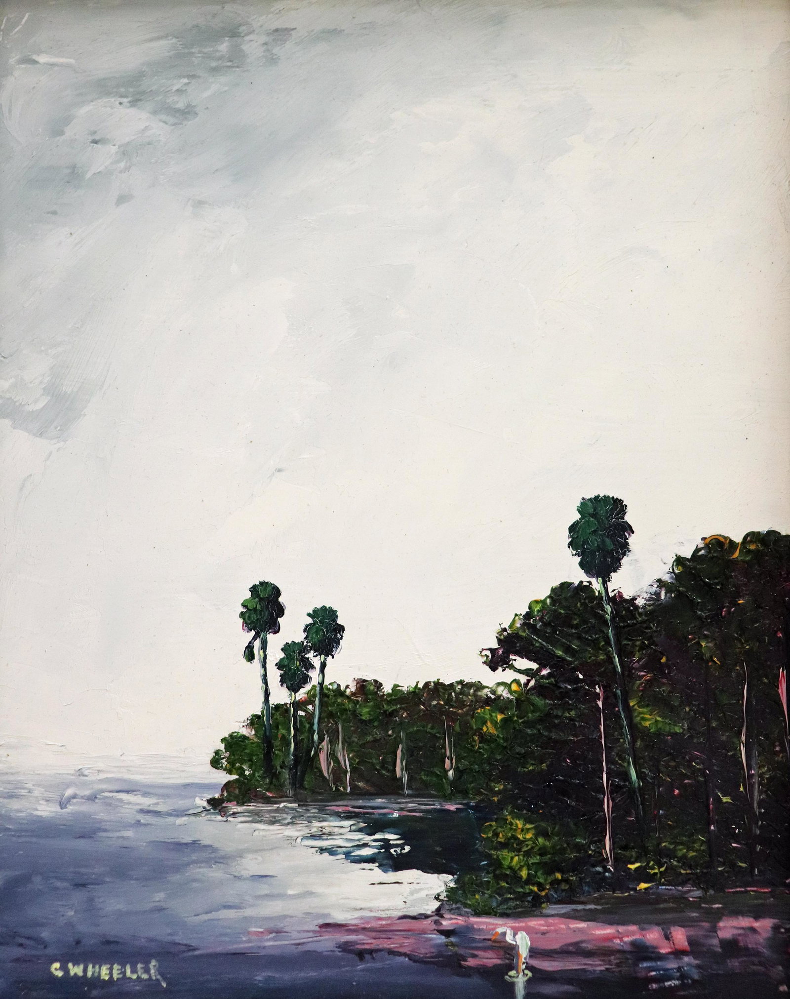 CHICO WHEELER BEACH PALMS HIGHWAYMEN PAINTING: Charles "Chico" Wheeler (1946-2019) Highwaymen painting of Florida beach landscape with tall palm trees, vegetation, and bird. Signed lower right and also on verso. Measures 10" x 8" on masonite board