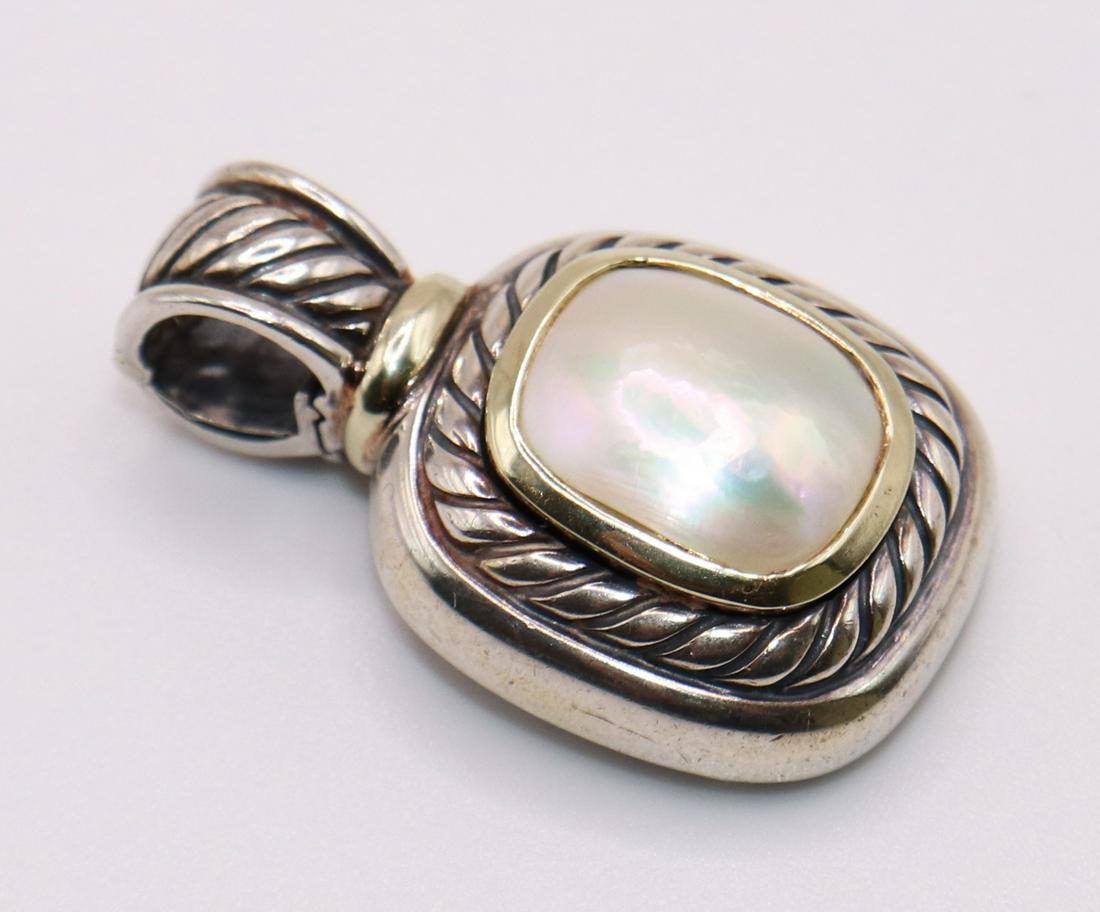 DAVID YURMAN STERLING & 14K ALBION PENDANT: David Yurman sterling silver & 14KT Albion mother of pearl pendant. Weighs 11.8 grams, measures 2 1/8" long.