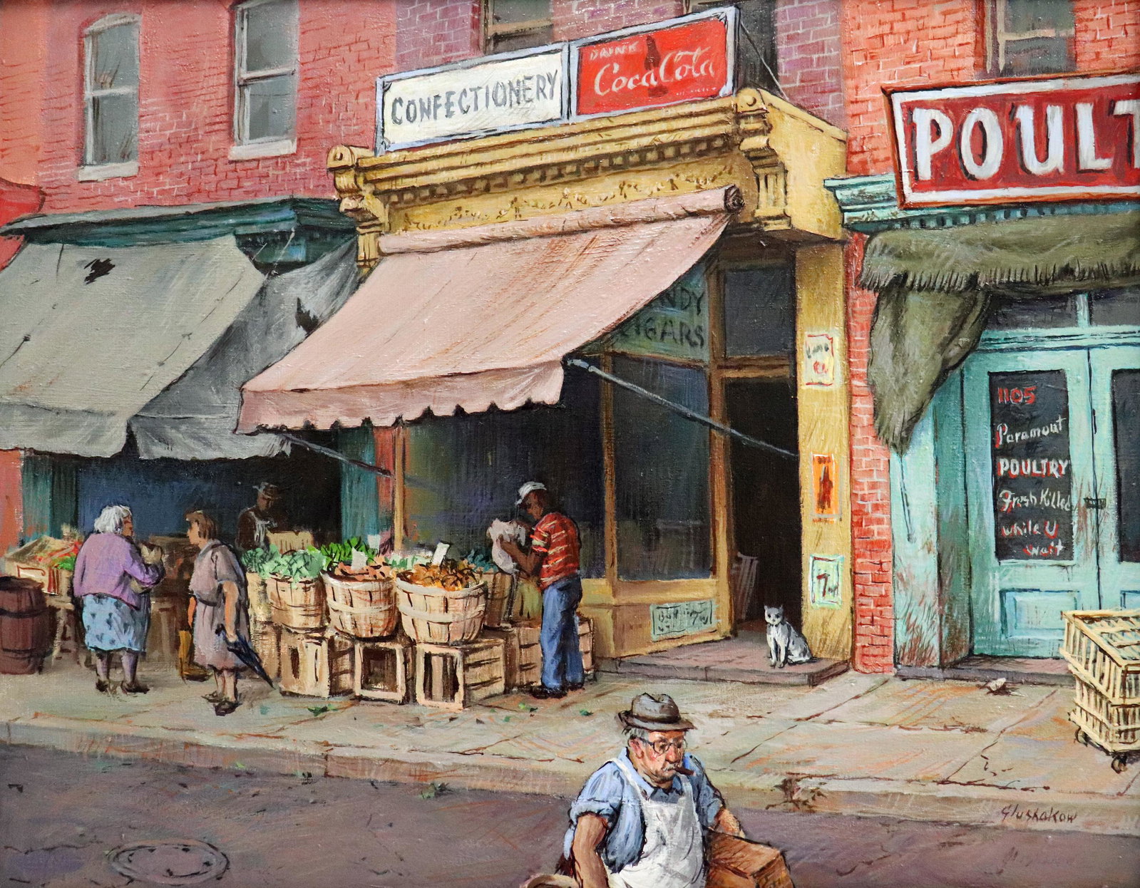 JACOB GLUSHAKOW SIDEWALK MARKET PAINTING: Jacob Glushakow (1914-2000) An oil on board painting titled "Sidewalk Market - E. Lombard Street" in Baltimore Maryland. Signed lower right. It measures 16" x 12" (Framed 20" x 16-1/2")