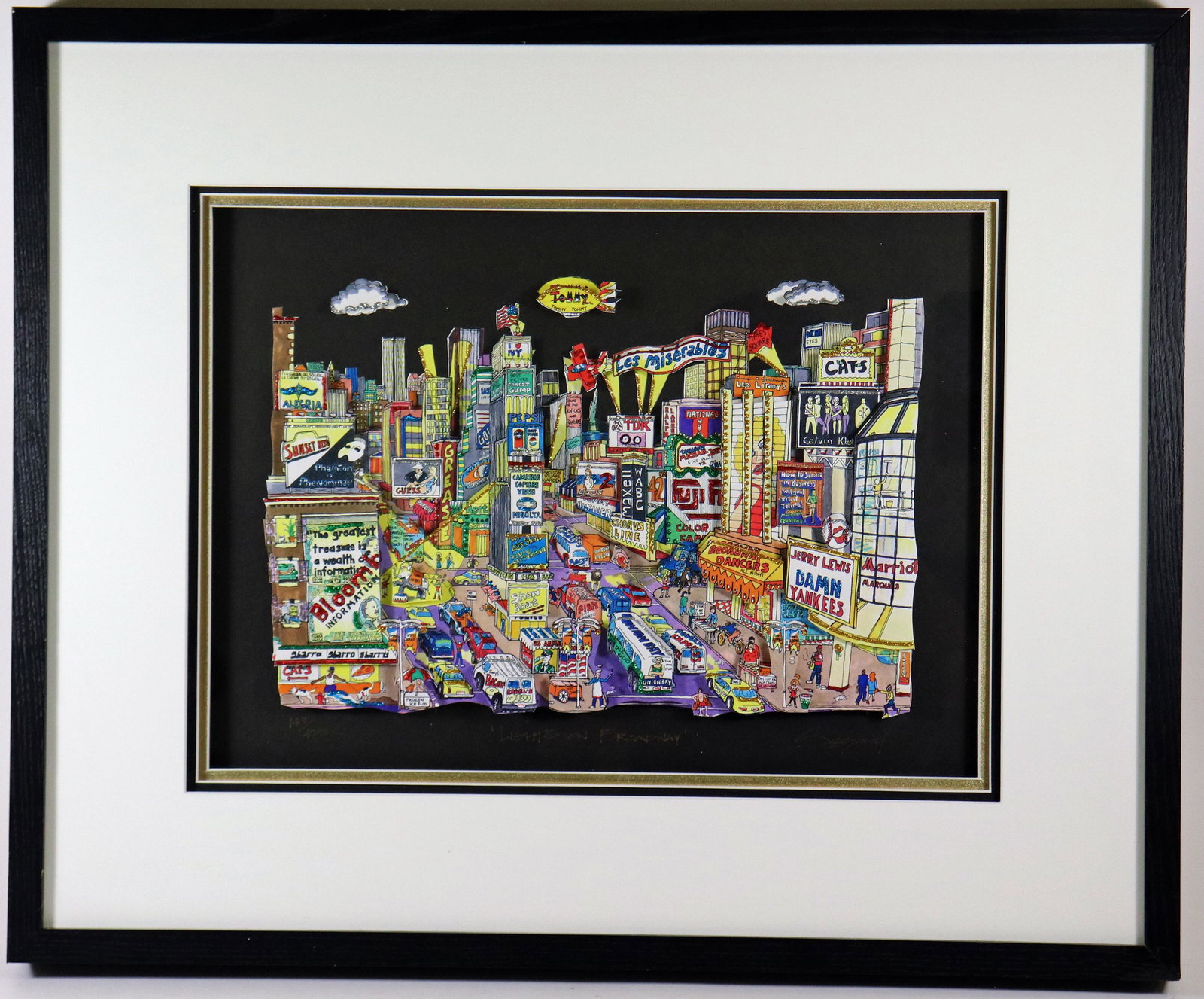 STEPHEN SZYNAL LIGHTS ON BROADWAY 3D POP ART: Stephen Szynal three dimensional layered pop art titled "Lights on Broadway". Pencil signed, titled, and numbered 149/475. Measures 27.75" x 22.75" w/ frame.