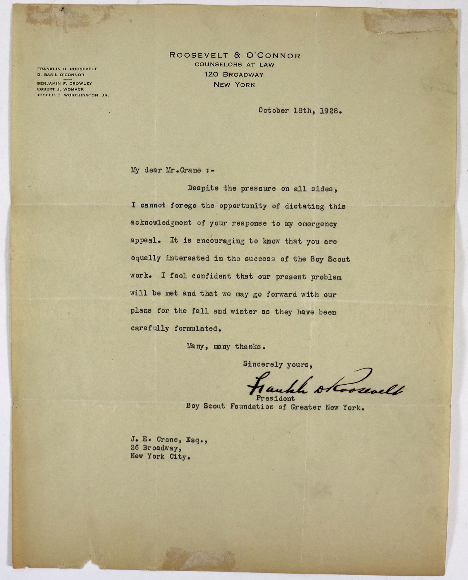 FRANKLIN D. ROOSEVELT SIGNED 1928 BOY SCOUTS LETTER (1 of 3)