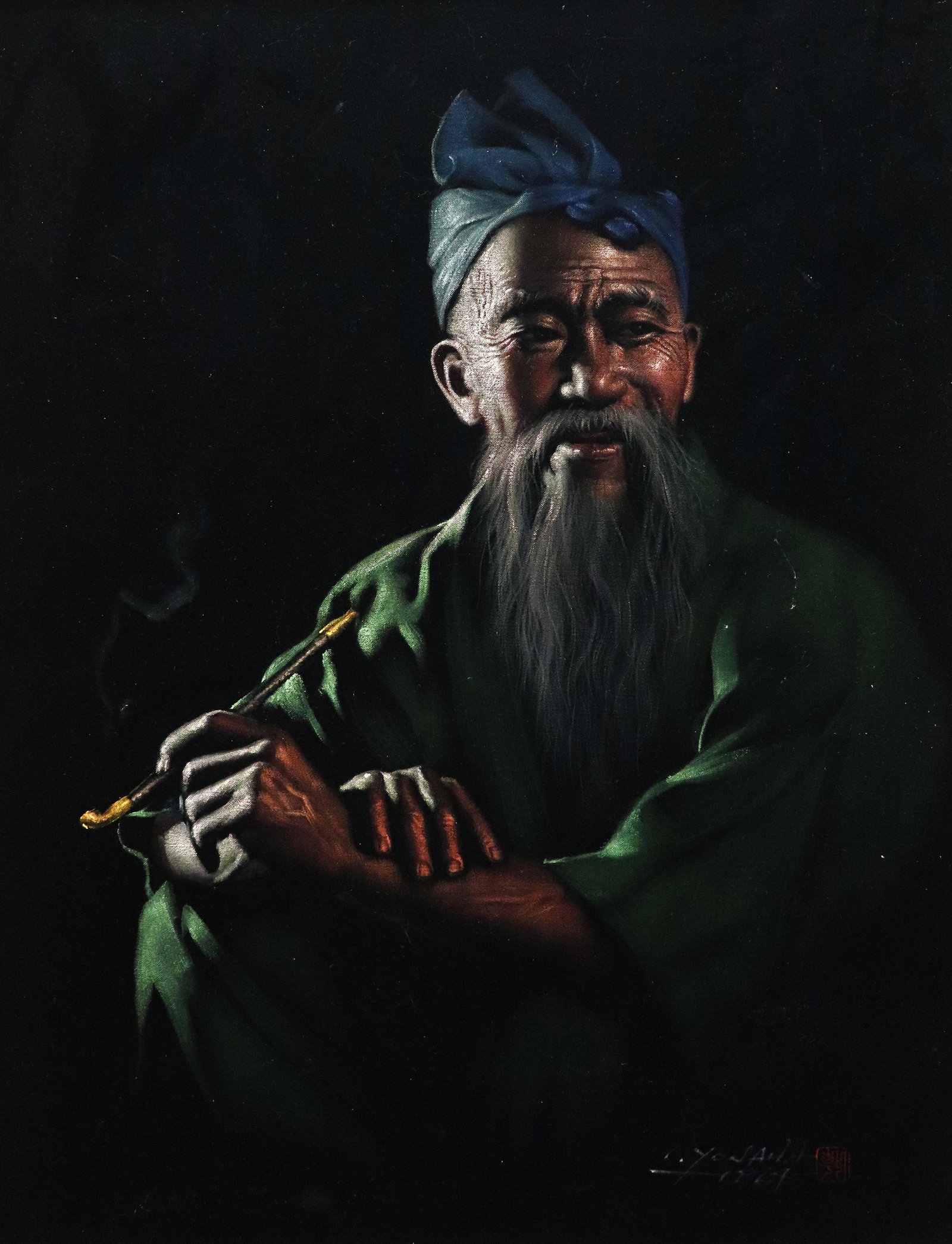 CHOTAI YONAHA PORTRAIT PAINTING: Chotai Yonaha (1933-2008) Vintage Mid Century Japanese portrait painting on velvet of a man smoking pipe. Signed lower right and dated 1964. Measures 35" x 27" and 39.5" x 31.5" w/ frame.